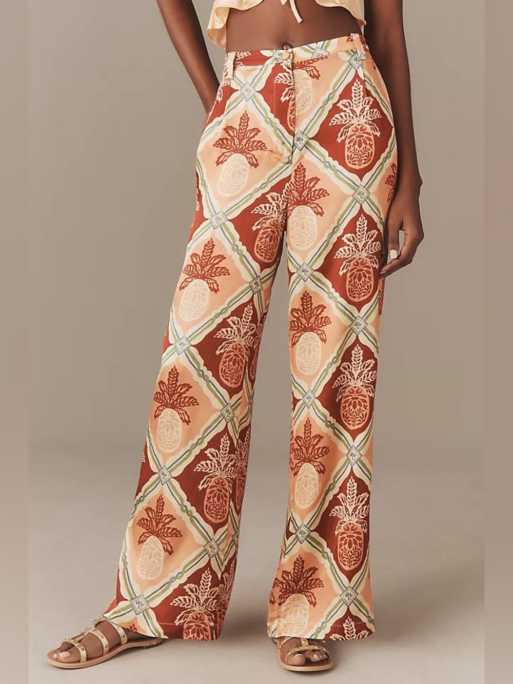 Farm Rio Anthropologie Pineapple‎ Satin Wide Leg Pants XS